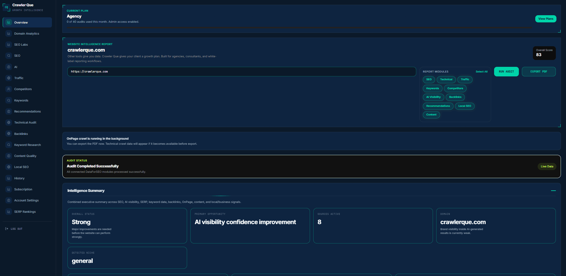 Crawler Que dashboard screenshot 1