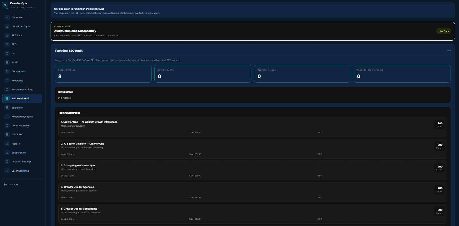 Crawler Que dashboard screenshot 3