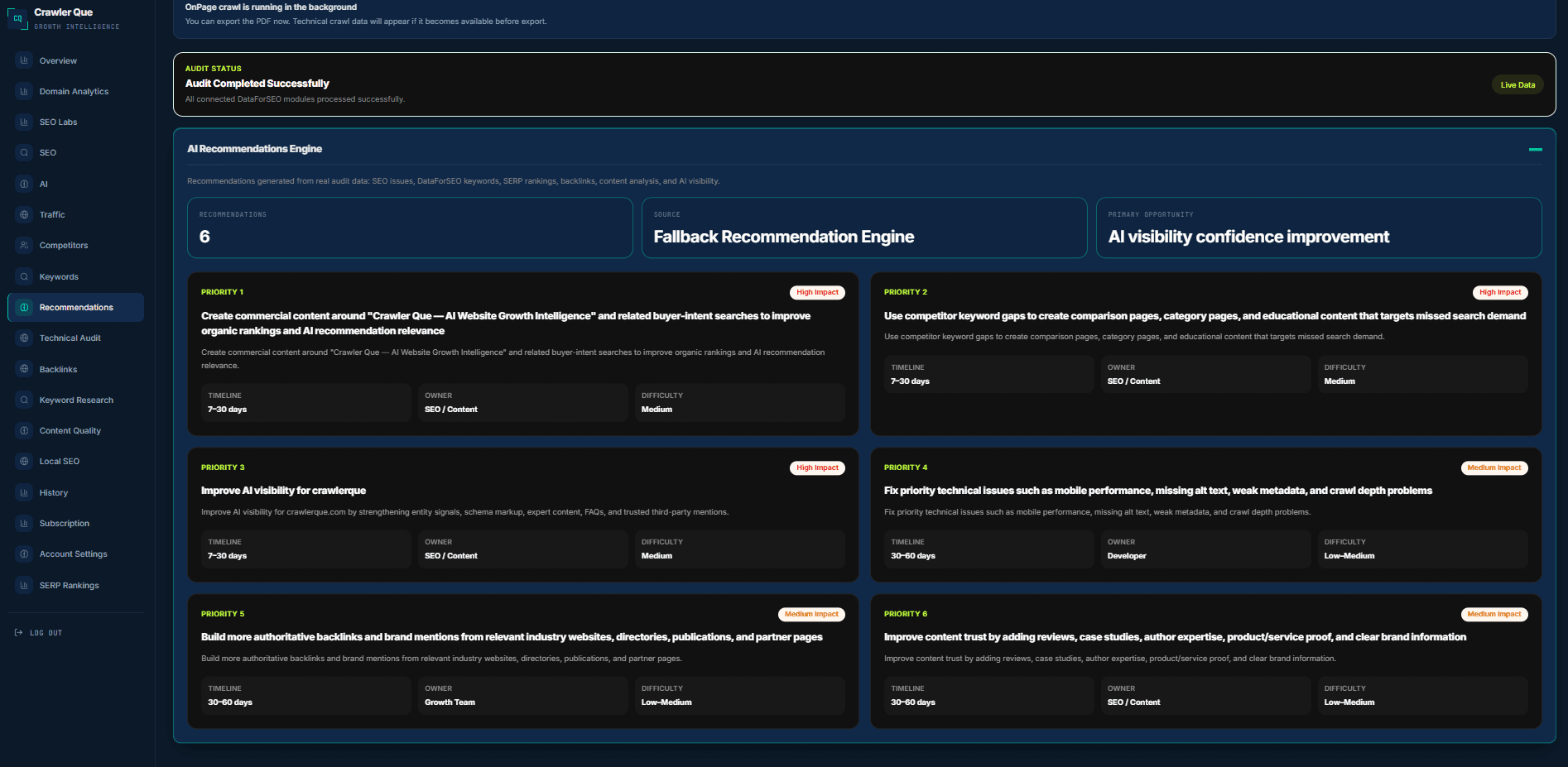 Crawler Que dashboard screenshot 4